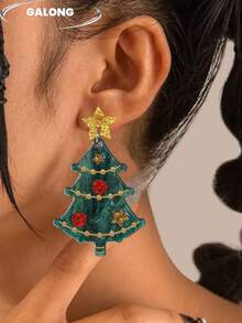 Colorful Sequin Christmas Tree Earrings For Women, Gold Star Acrylic Pendant, Y2K Sweet Cool Quirky Holiday Party Exaggerated Earrings - Gold and Green Christmas Tree - View 2