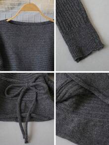 2026 Early Autumn New Dark Gray Cinched Waist Knit Top, Square Neck Ribbed Texture + Belt Ruffle Design, Suitable For Daily Commute And Casual Outings, Basic Style With Effortless Sophisticated Look - Grey - View 9