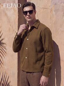Men's Casual Single-Breasted Long Sleeve Shirt, Suitable For Daily Wear - Brown - View 4