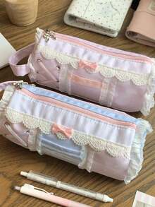 Cute Y2K Lace Pencil Case, Sweet Ruffle Bow Decor Stationery Bag, Large Capacity Pen Storage Bag, Portable Handheld Makeup Bag, Travel Brush Organizer - Multicolor - View 3
