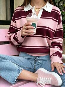 Women's Colorblock Casual Versatile Daily Wear Long Sleeve Sweater - Camellia Pink & Purple-red - View 1