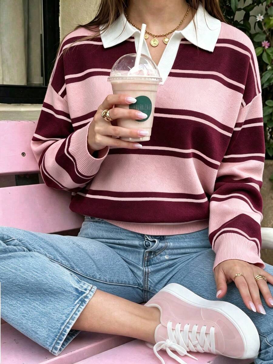 Women's Colorblock Casual Versatile Daily Wear Long Sleeve Sweater - Camellia Pink & Purple-red - View 1