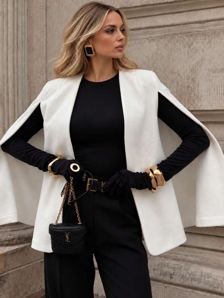 Elegant Women's White Cape Coat, Flared Sleeve Design, Regular Length, Fashionable Autumn Style - White - View 1