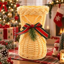 2pcs [A Boot Basket+A Bow]Handmade Rattan Christmas Boots Ornaments With Red Bows, Multifunctional Rattan Boots Modeling Desktop Christmas Decorations, Holiday Candy Baskets And Gift Baskets, Christmas Decorations And Holiday Gifts. - Multicolor - View 3