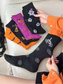 1/5 Pairs Men's All-Season Halloween Skull, Pumpkin, Ghost, Spider Pattern Comfortable Socks, Suitable For Family Gifts, Halloween Gifts - Multicolor - View 7
