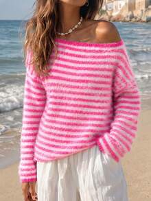 Sweater Bahu Asimetris Bergaris Blok Warna Modern Klasik Elegan Kasual untuk Wanita Musim Gugur/Dingin, Sweater Serbaguna untuk Semua Gaya, Atasan Musim Panas - MultiWarna - View 9