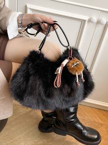 Women's Fuzzy Bag 2026 New Winter Niche High-End Shoulder Bag Versatile Large Capacity - Black - View 8