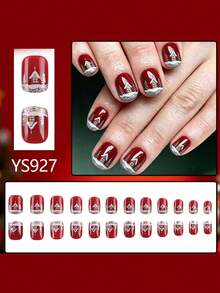 24pcs Short European Square False Nails, Christmas Red Base With Silver Glitter Christmas Tree And Snow Scene Press-On Nails, Full Coverage And Removable, Perfect For Parties, Proms, And Everyday Wear. - Multicolor - View 2