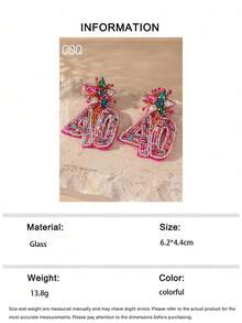 OOQ 1對派對風玫瑰紅3D數字串珠女款時尚耳環，誇張高端設計手工耳飾，適合派對慶典、假日舞會穿著（手工串珠顏色數量位置隨機） - 彩色40 - 查看 4