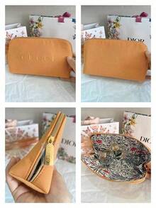 Tas Makeup Zipper Bentuk Kerang Warna Oranye Hangat dengan Interior Motif Bunga dan Logo Emas, Portabel untuk Travel, Penyimpanan Kosmetik, Hadiah untuk Wanita, Gucci Beauty Warm-Orange Shell-Shaped Zip Makeup Pouch - Kuning - View 7