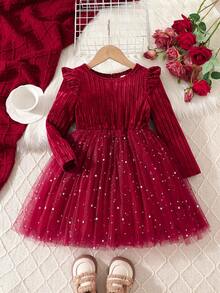 Young Girls Festive Dress With Flutter Sleeves And Star Mesh Patchwork, Children's Christmas Princess Party Dress - Red - View 1