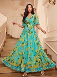Elegant Women's Lake Green Lemon Print V-Neck Twist Knot, Ruffle Short Sleeve Long Dress, Suitable For Summer Wear - Green - View 2