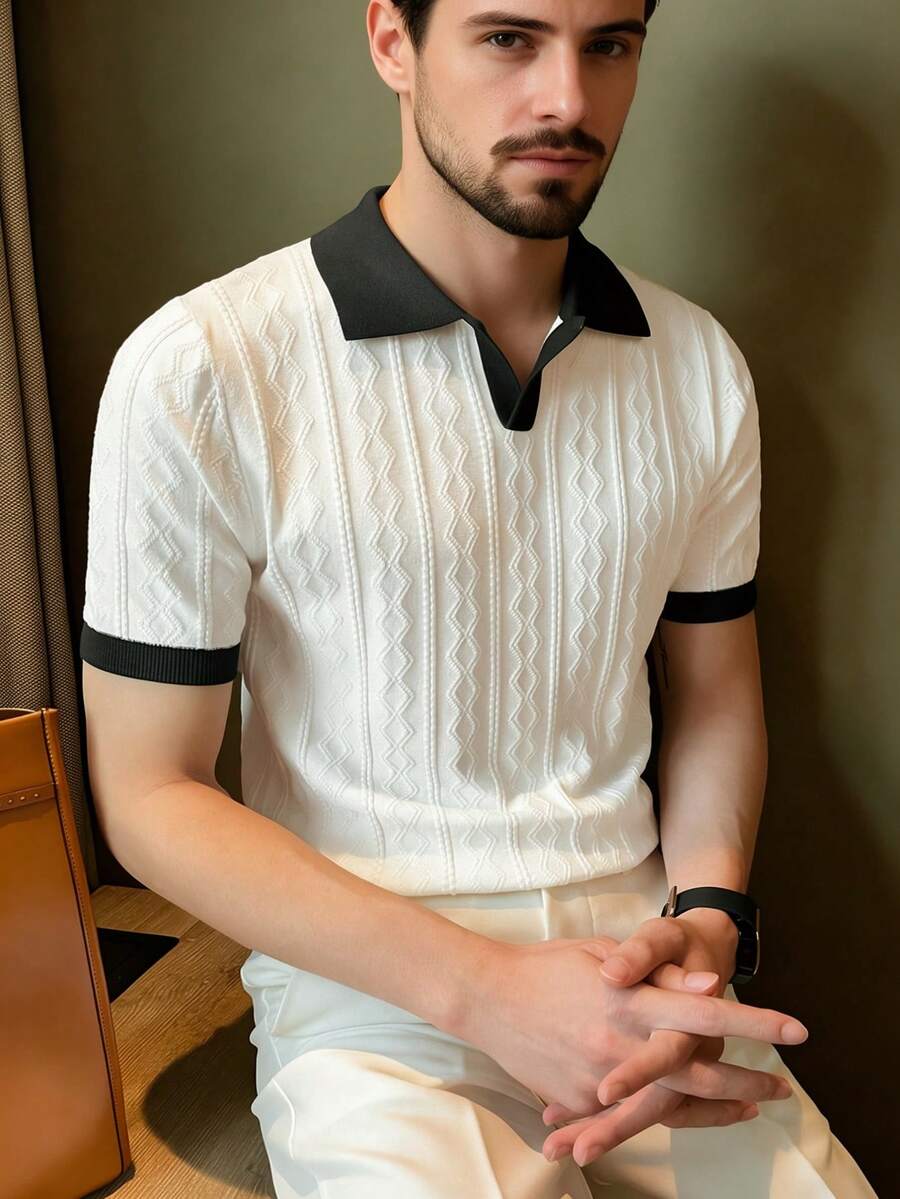 ALTZTAR Men's Contrast Color Short Sleeve Knitted Cable Textured Polo Shirt