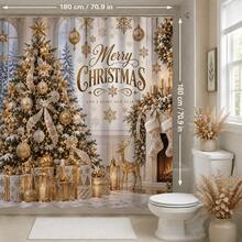 1pc/4pcs Gold Fireplace Christmas Tree Pattern Multi-Functional Bathroom Decor Shower Curtain Set, Free 12 Hooks, Premium Holiday Atmosphere, Bathroom Mat U-Shaped Floor Mat And Round Toilet Lid Cover, Suitable For All Scenes Decoration Bathroom Set - Gold Fireplace Christmas Tree - View 11