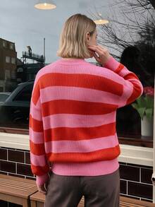 NOVELLE Women Loose Casual Dopamine Pink Striped Knit Sweater, Elegant Fall Winter Pullover For Office Home Daily Commute Date Party - Multicolor - View 6