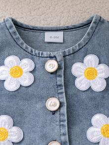 Autumn/Winter Baby Girl Cute Daisy Flower Denim 2-Piece Set & Round Neck Long Sleeve Jacket Versatile Pleated Skirt Outfit - Light Wash - View 6
