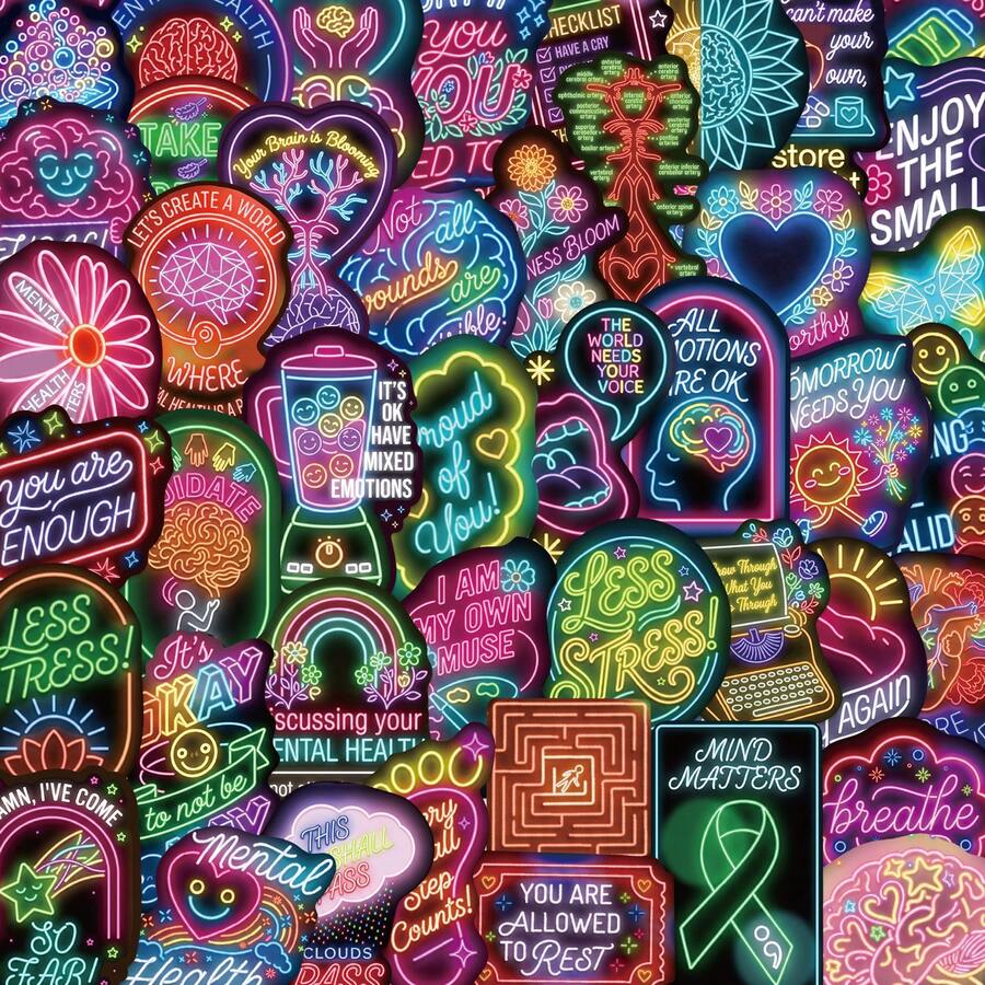 50pcs Neon Mental Health Stickers, Waterproof Vinyl Stickers, Suitable For Scrapbooking, Journaling, Decorating Laptops, Bumpers, Skateboards, Water Bottles, Computers, Phones. - Multicolor - View 1