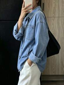 Women's Casual Loose Denim Shirt Jacket With Pockets - Medium Wash - View 2