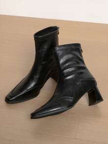 Women's Glossy Faux Leather Elastic Ankle Boots, Block Heel, Chunky Square Heel, Back Zipper, Black Slim Fit Fashion Ankle Boots - Black - View 1