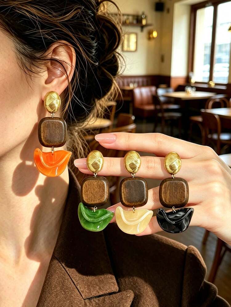 Betykuku 8/12/14pcs European & American Vintage Wooden Resin Artistic Design Pendant Earrings Set - Set Of 4 Pairs - View 4