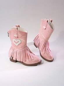 Girls' Kids' Short Mid-Calf Boots, Glitter Embroidered Tassel High Heel Western Boots, Color Block Round Toe Side Zipper - Pink - View 2