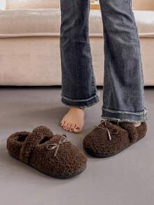 Ballet Style Bowknot Strap Exposed Instep Exquisite Fluffy Women's Home Fun Slippers, Loafer Style Women's Winter Slippers Indoor Slippers Bedroom Slippers Fashion Versatile Wearable - Dark Brown - View 7
