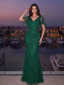 EVERPRETTY Sequin Elegant Ruffle Sleeve Mermaid Dress In Dark Green, Suitable For Wedding Guests - Dark Green - View 2