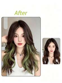 1pc Women Green Highlighted Hair Extension Piece, Invisible Realistic Long Airy Hair Extensions, Invisible Realistic Long...Hair Strands, Trimmable Length - Green - View 4