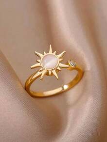 1pc European & American New Bohemian Style Unique Niche Ins Minimalist Sunflower Rotating Open Ring For Women - Yellow Gold - View 4