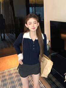 Korean Style Soft Sexy Aesthetic Patchwork Faux Fur Collar Cable Knit Contrast Color Sweater Women Autumn Winter Inner Layer Base Layer Slim Fit Elegant Top - Navy Blue - View 1