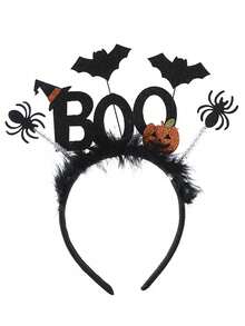 1pc Halloween BOO Headband, Ghost Bat Pumpkin Spider Fluffy Hair Hoop, Spooky Cosplay Party Trick Or Treat Hair Accessory - Black - View 5