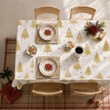 1pc Christmas Minimalist Gold Christmas Tree Pattern Tablecloth, Stain-Resistant Dining Table Decor Cloth, Suitable For Kitchen, Dining Table, Coffee Table, TV Cabinet, Entryway, Party Holiday Decoration, Home Decor, Christmas Gathering - Multicolor - View 6