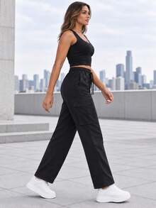 Women's Black Drawstring Waist Wide Leg Cargo Pants With Large Flap Pockets Casual Relaxed Fit Trousers For Daily Wear - Black - View 4