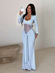 Autumn Solid Color U-Neck Mesh Patchwork Long Sleeve Dress Women Elegant Casual Party - Blue - View 2