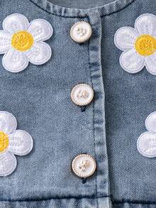 Autumn/Winter Baby Girl Cute Daisy Flower Denim 2-Piece Set & Round Neck Long Sleeve Jacket Versatile Pleated Skirt Outfit - Light Wash - View 4