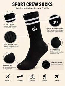 1/3/5 Pairs Random Styles Women's Varsity Stripe Crew Socks, Breathable Ribbed Athletic Mid-Calf Socks For Workout, Walking & Daily Wear - Black and White - View 2