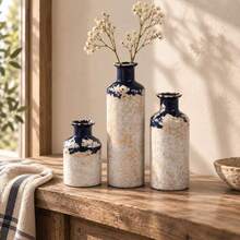 3pcs Blue & Cream Ceramic Decorative Vase Set, Unique Glazed Finish Bottle Vases, Modern European Cottage Decor For Living Room, Bookshelf, Console Table & Home Decoration - 3pcs - View 6