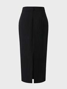 Elegant Commuter Daily Business Old Money Style Leather Striped High Cinched Waist Bodycon Midi Skirt Work Wear Women, Striped - Black - View 8