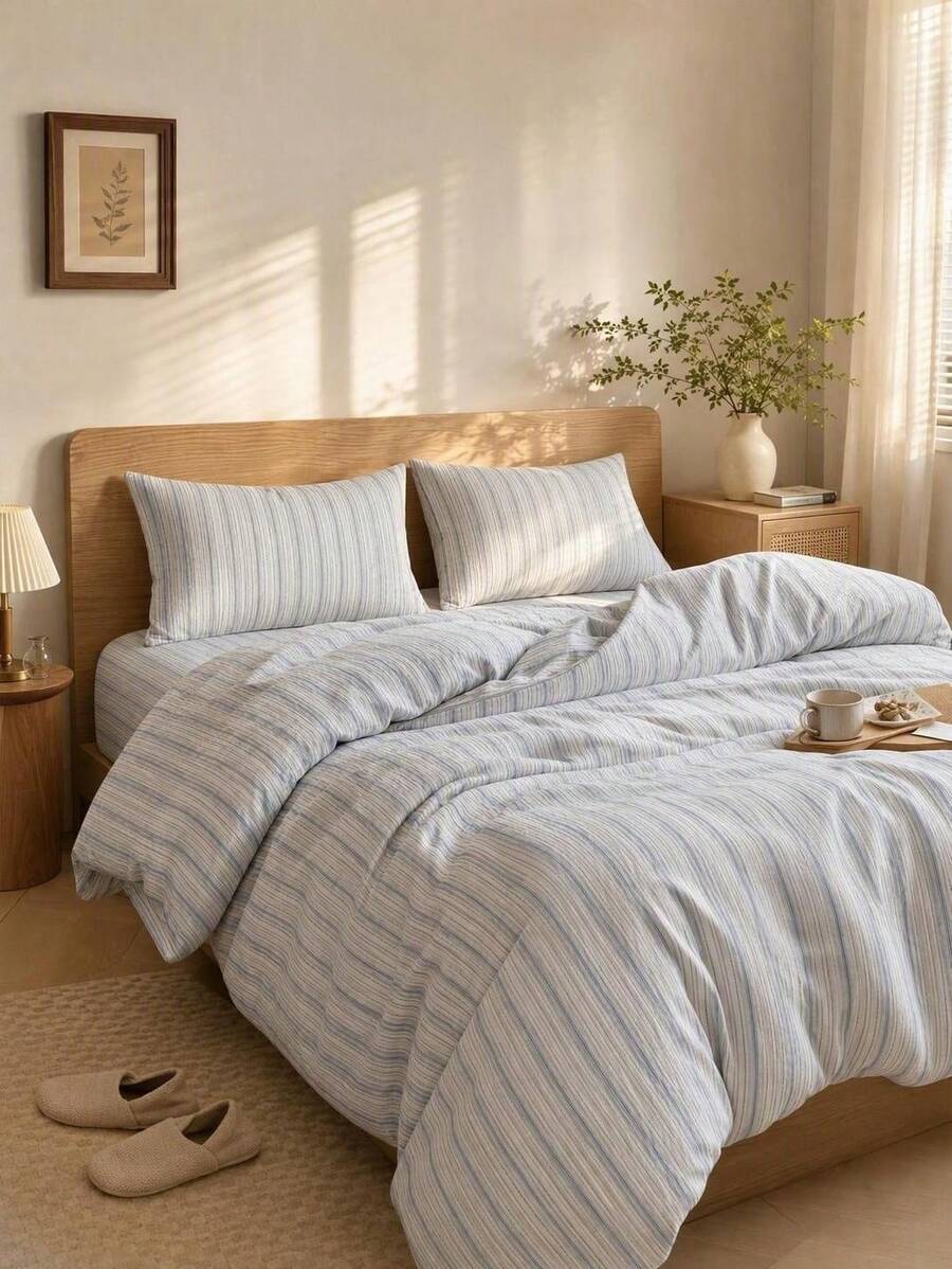 Veyra Day 3pcs Polyester Simple Stripe Bedding , Zipper Closure, Soft Skin-Friendly Breathable, Dormitory , Single , Double, King-Size Bed, Bed Quilt Cover Set, Machine Washed (One Quilt Cover, Two Pillowcases) - Multicolor - View 1