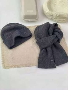 Women's Autumn/Winter Solid Color Knit Hat & Scarf 2pcs Set, Simple Versatile Face-Slimming Warm Beanie Set - Multicolor - View 17