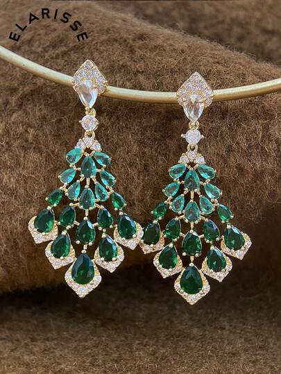 1 Pair Vintage Luxury Green Cubic Zirconia Teardrop Copper Alloy Earrings Suitable For Wedding Party Ball Wear