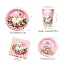 50Pcs Pink Christmas Disposable Paper Tableware Kit, Santa Claus Gingerbread Man Xmas Tree Printed Paper Plates Cups Napkins, Pink Christmas Holiday Party Table Decorations - Multicolor - View 6