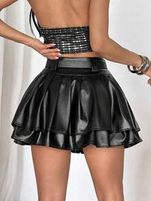 Apperloth A Women's Y2K Black Skirt PU Leather A-Line Ruffle Hem D Ring Decor Pleated Mini Skirts WIth Hidden Zipper Daily Halloween Partywear Belt Not Included - Black - View 2