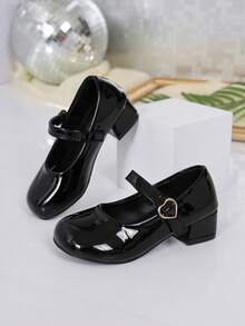 Girls Black Shiny Heart Buckle Chunky Heel Mary Jane Shoes Stage Performance Dress Princess High Heel Pumps - Black - View 1