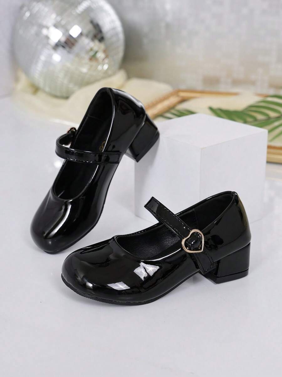 Girls Black Shiny Heart Buckle Chunky Heel Mary Jane Shoes Stage Performance Dress Princess High Heel Pumps - Black - View 1