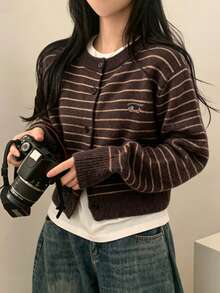 Korean Style Soft Striped Puppy Embroidery Long Sleeve Knit Cardigan Women Loose Top Random Fabric Cut - Coffee Brown - View 2