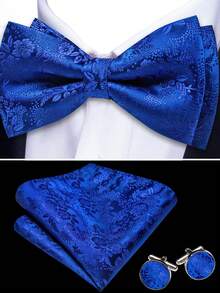5Pcs Men Blue Small Floral Jacquard Bow Tie Pocket Square Cufflinks Ring Boutonniere Set, Cufflinks Pattern Random For Wedding - Blue - View 4