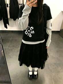 Kaos Lengan Panjang Patchwork Bergaris Gaya Korea 2 in 1 untuk Wanita, Potongan Longgar, Ramping, Serbaguna, Cocok untuk Musim Gugur - Hitam - View 7