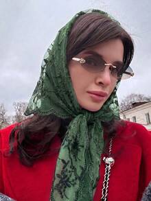 1pc Women's Solid Color Lace Floral Headscarf, Luxury Bohemian Hijab/Shawl, For Daily Wear, Weddings, Churches, Formal Events - Green - View 2