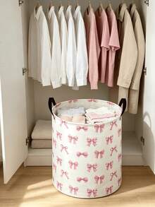 Large Bow Pattern Foldable Round Storage Basket, Multi-Functional Storage Bin, Suitable For Bathroom, Room, Laundry Basket, Dirty Clothes Basket, Large Capacity Room Clutter Storage Bin, Clothing Storage, Miscellaneous Storage - View 4